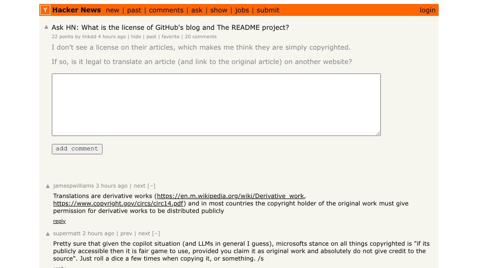 Screenshot of Hacker News post: Ask HN: What is the license of GitHub's blog and The README project?