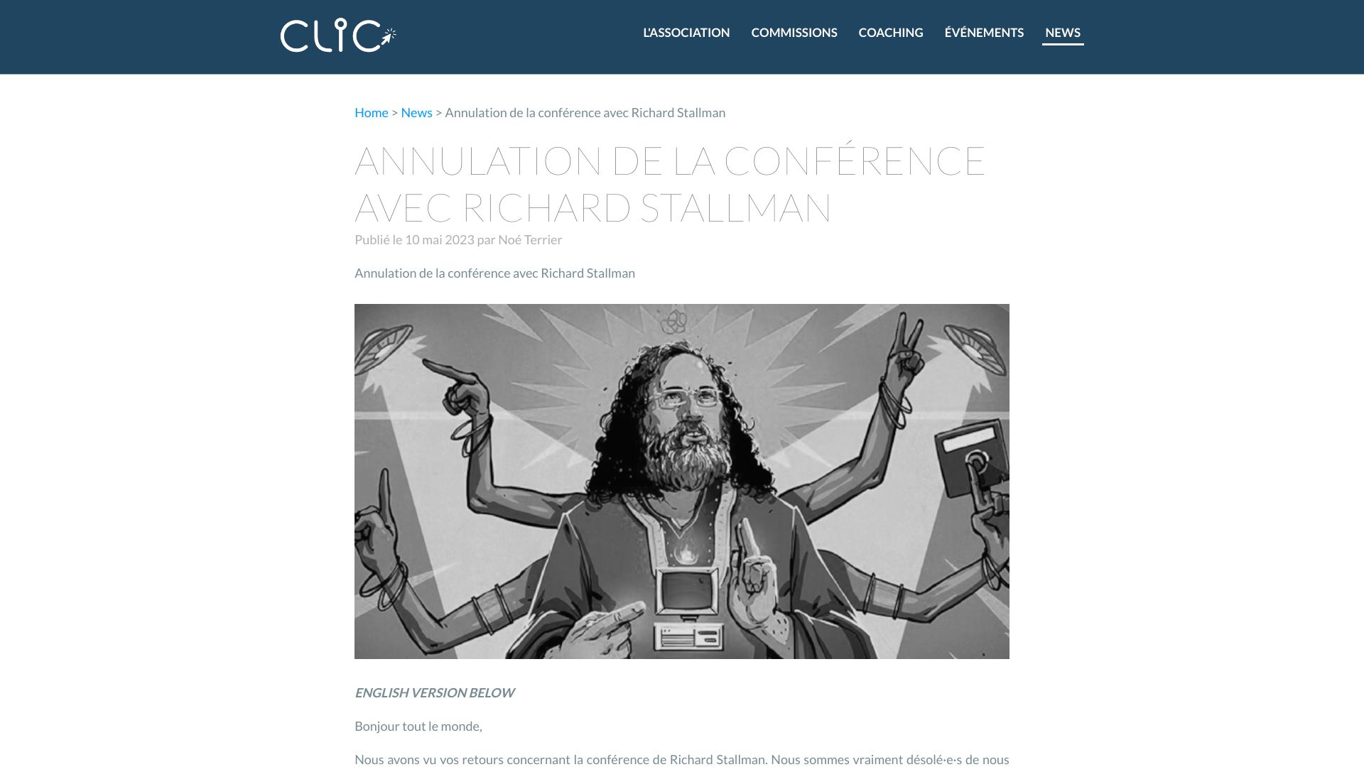 Screenshot of clic.epfl.ch: EPFL cancels Stallman's lecture citing “the situation regarding” his persona