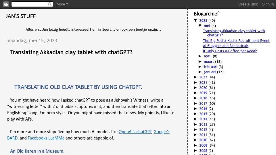 Screenshot of janromme.com: Translating Akkadian clay tablets with ChatGPT?