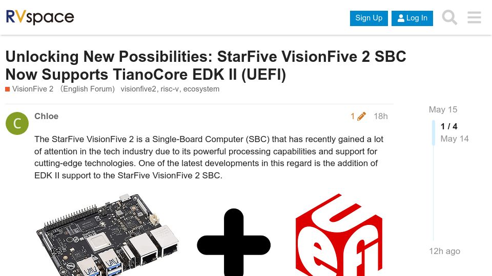 Screenshot of forum.rvspace.org: StarFive VisionFive 2 SBC Now Supports TianoCore EDK II (UEFI)