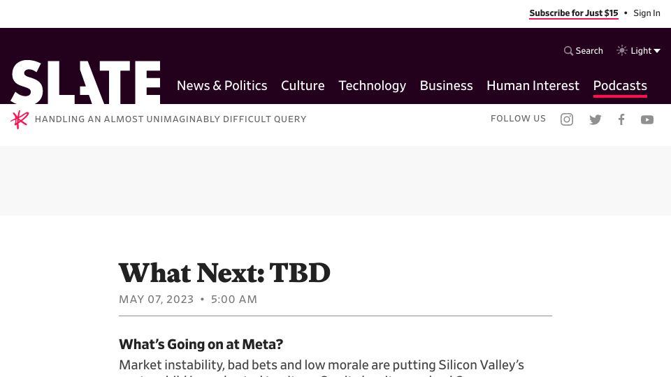 Screenshot of slate.com: Is Meta having growing pains or in a death spiral?