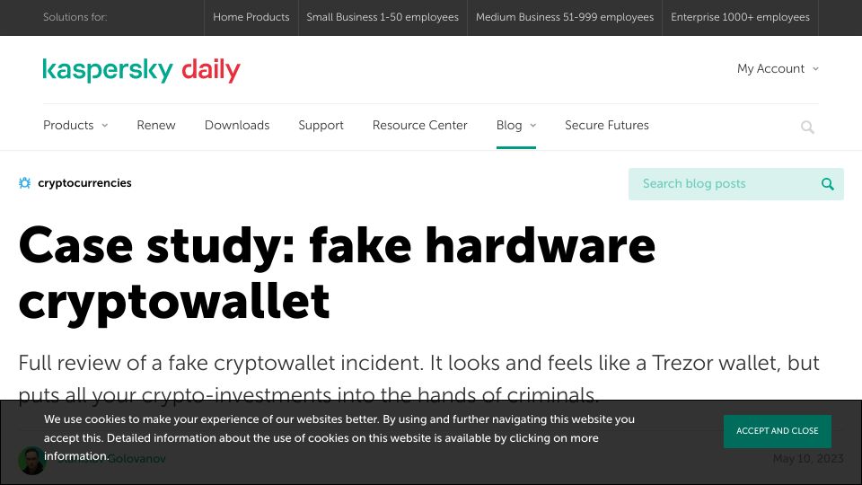 Screenshot of kaspersky.com: Case study: fake hardware cryptowallet