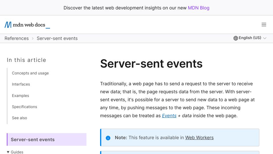Screenshot of developer.mozilla.org: Server-sent events