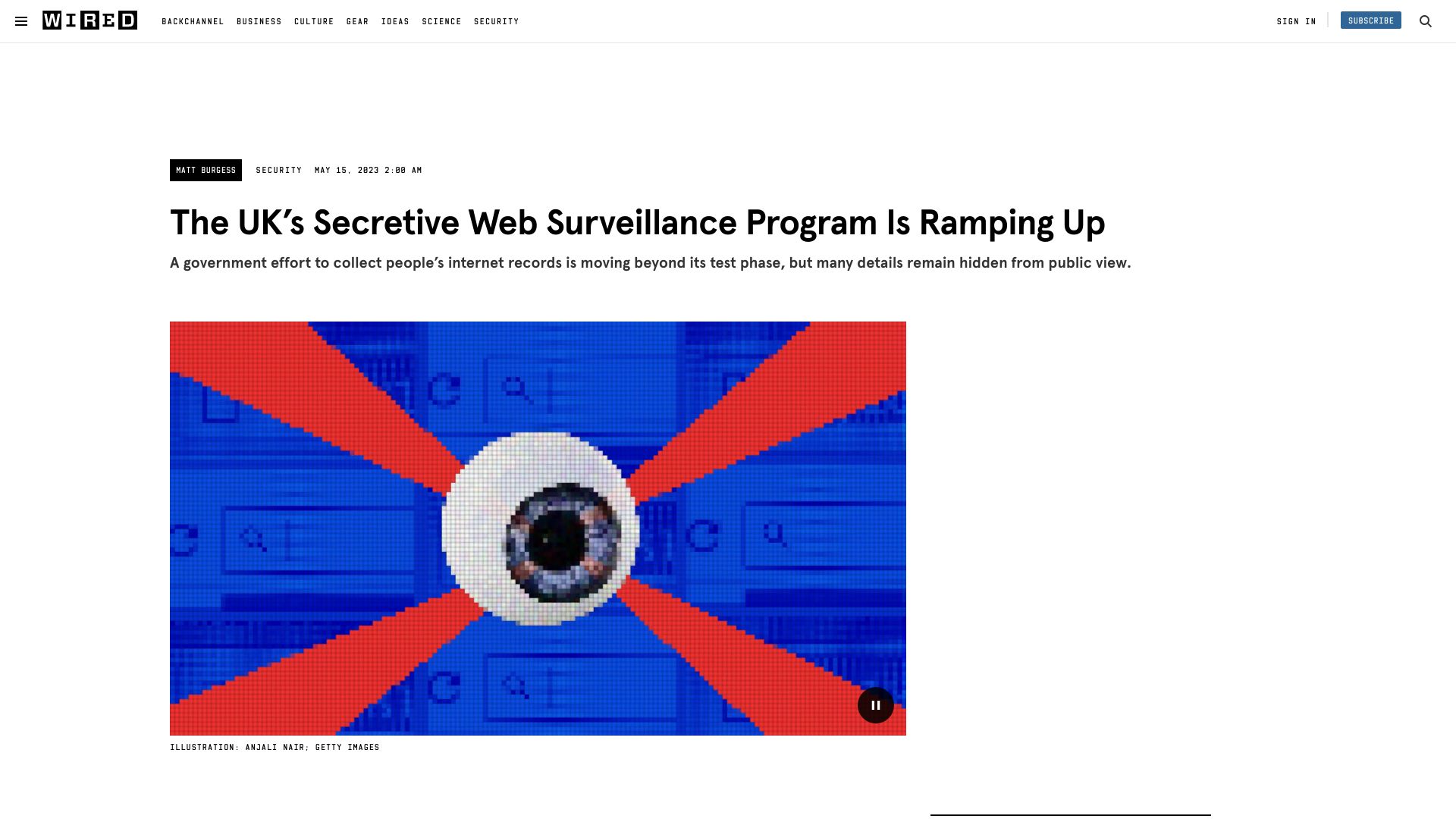 Screenshot of wired.com: The UK’s Secretive Web Surveillance Program Is Ramping Up