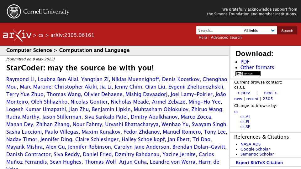 Screenshot of arxiv.org: StarCoder and StarCoderBase: 15.5B parameter models with 8K context length