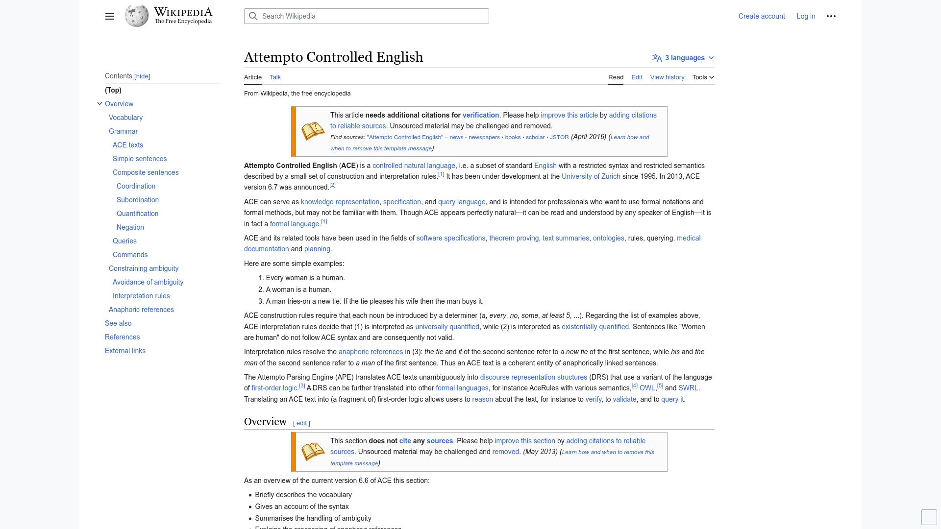 Screenshot of en.wikipedia.org: Attempto Controlled English