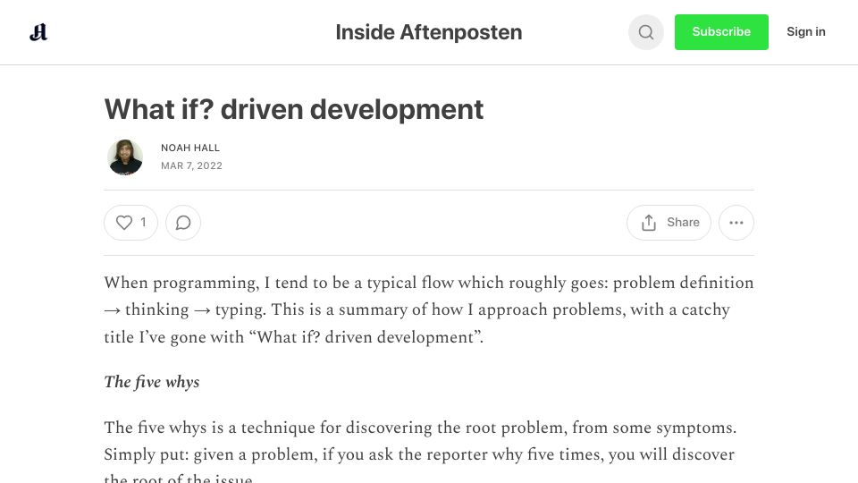 Screenshot of aftenposten.substack.com: What If? Driven Development