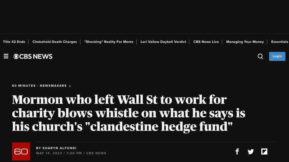 Screenshot of cbsnews.com: Mormon whistleblower says is his church is a “clandestine hedge fund”