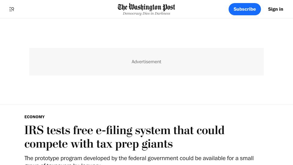 Screenshot of washingtonpost.com: IRS tests free e-filing system that could compete with tax prep giants