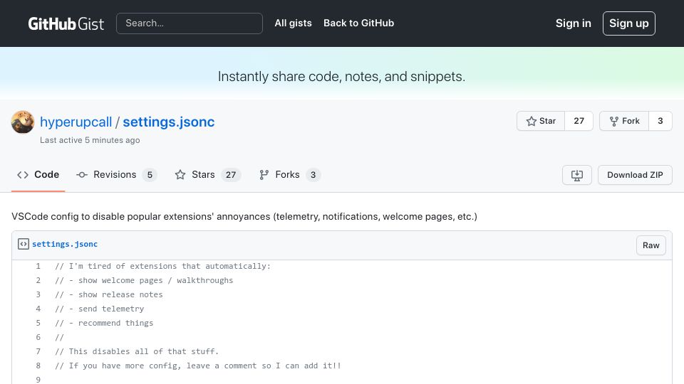 Screenshot of gist.github.com: VSCode config to disable annoyances – telemetry, notifications, welcome pages