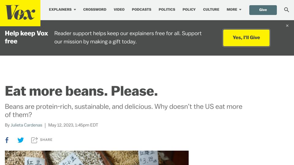 Screenshot of vox.com: Eat More Beans. Please