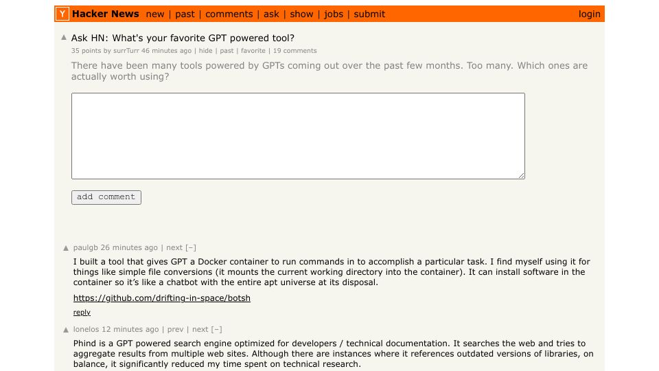 Screenshot of Hacker News post: Ask HN: What's your favorite GPT powered tool?