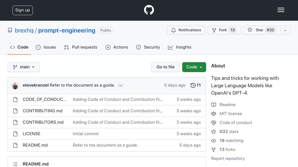 Screenshot of github.com: Brex’s Prompt Engineering Guide
