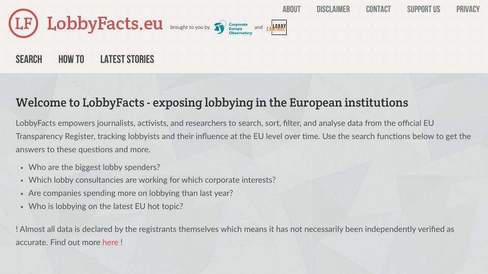Screenshot of lobbyfacts.eu: LobbyFacts – Exposing lobbying in European institutions