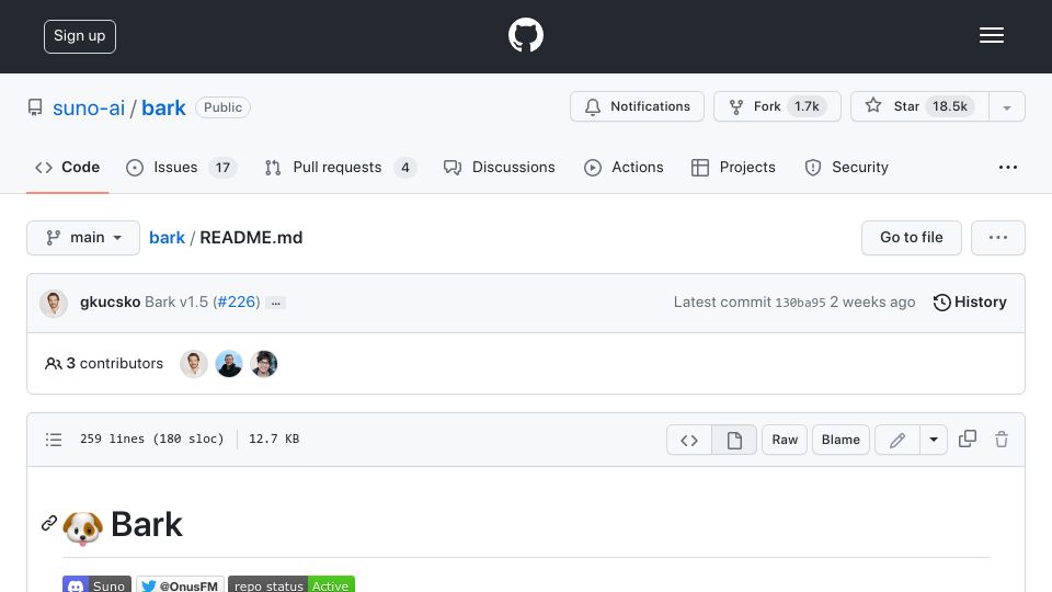Screenshot of github.com: Bark: A transformer based text to audio system