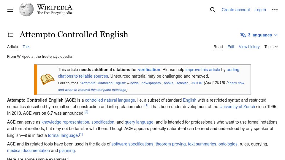 Screenshot of en.wikipedia.org: Attempto Controlled English