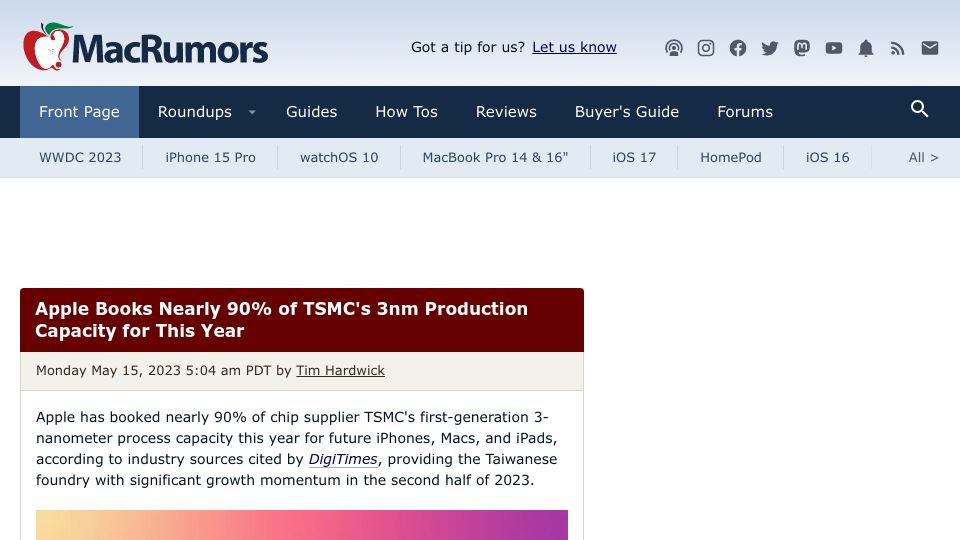 Screenshot of macrumors.com: Apple to occupy 90% of TSMC 3nm capacity in 2023