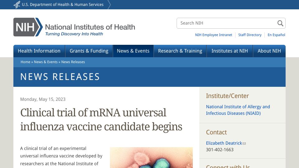 Screenshot of nih.gov: Clinical trial of mRNA universal influenza vaccine candidate begins