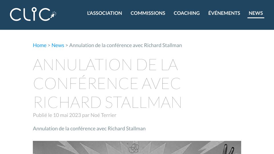 Screenshot of clic.epfl.ch: EPFL cancels Stallman's lecture citing “the situation regarding” his persona