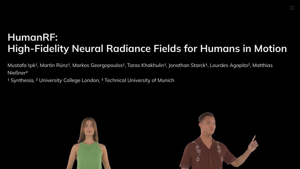 Screenshot of synthesiaresearch.github.io: HumanRF: High-Fidelity Neural Radiance Fields for Humans in Motion