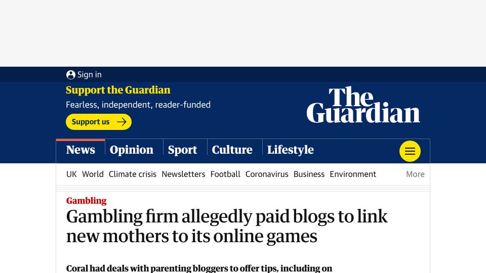 Screenshot of theguardian.com: Gambling firm allegedly paid blogs to link new mothers to its online games