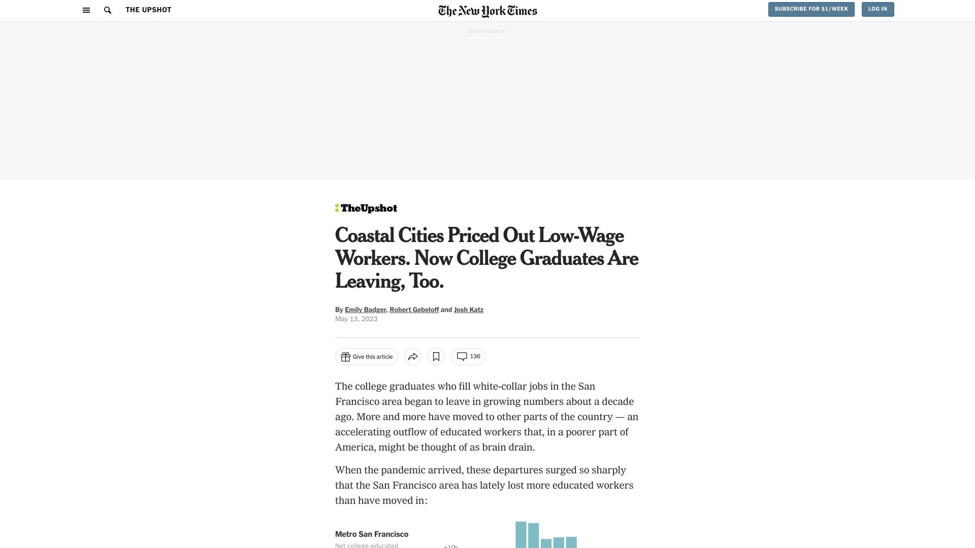 Screenshot of nytimes.com: Coastal Cities Priced Out Low-Wage Workers. Now College Graduates Are Leaving