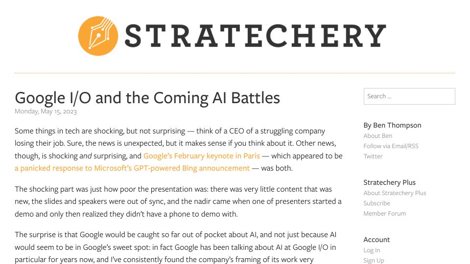Screenshot of stratechery.com: Google I/O and the Coming AI Battles