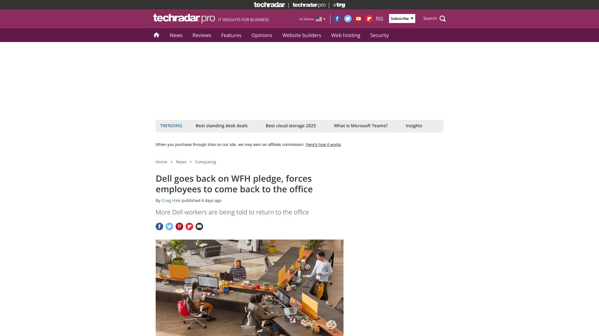 Screenshot of techradar.com: Dell goes back on WFH pledge, forces employees to come back to the office