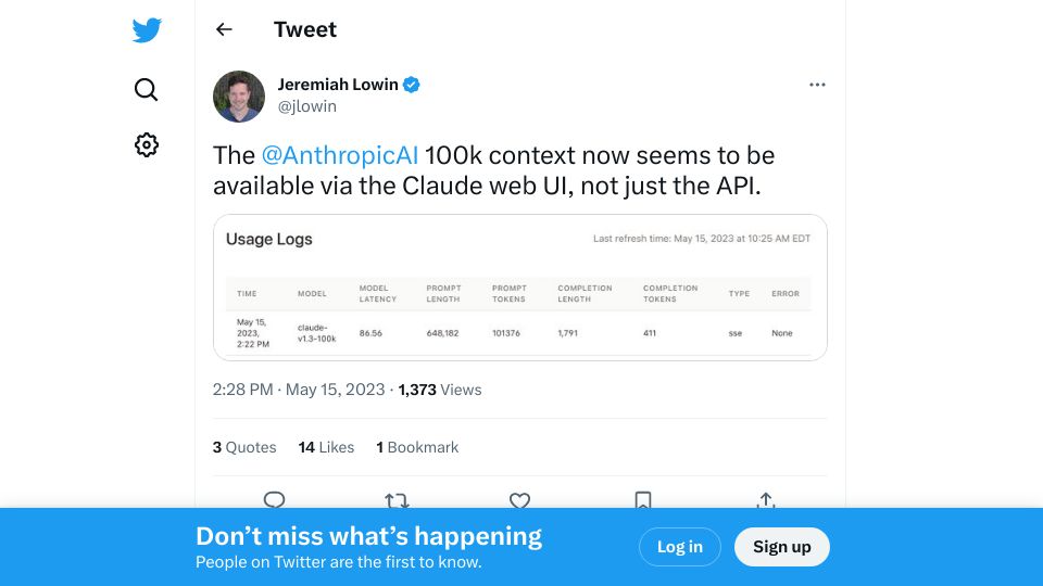 Screenshot of twitter.com: Anthropic's 100k context is now available in the web UI