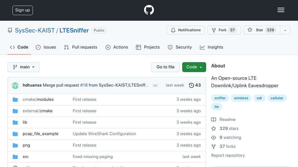Screenshot of github.com: LTESniffer – An Open-Source LTE Downlink/Uplink Eavesdropper