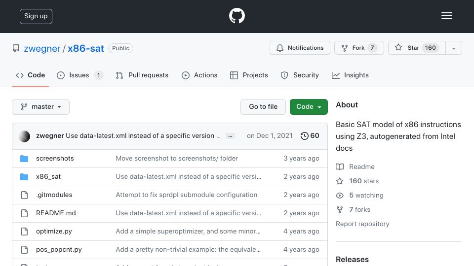 Screenshot of github.com: Basic SAT model of x86 instructions using Z3, autogenerated from Intel docs