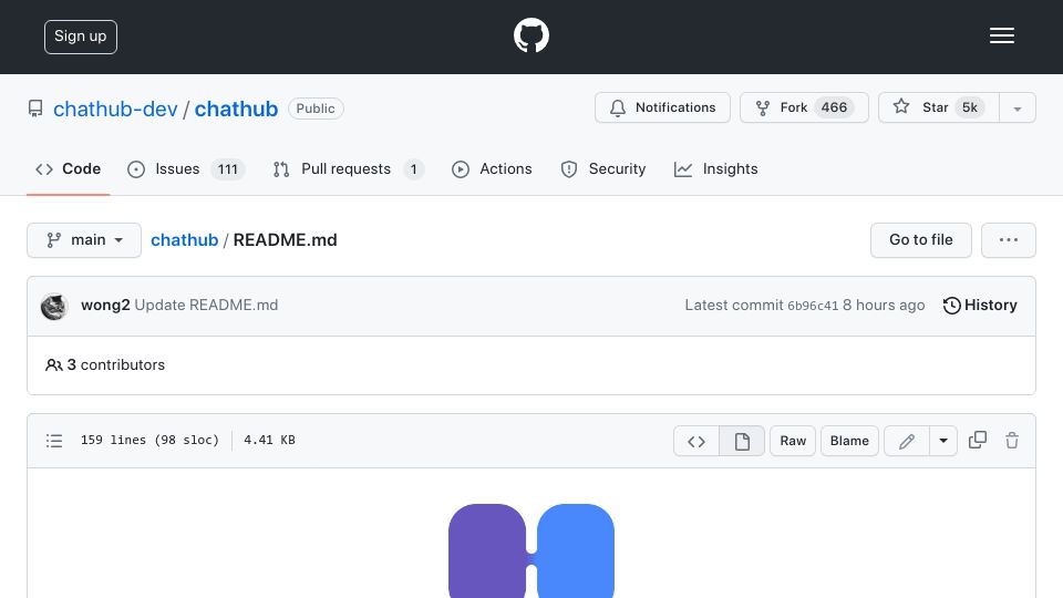 Screenshot of github.com: Show HN: Use ChatGPT, Bing, Bard and Claude in One App