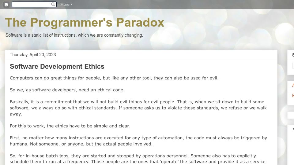 Screenshot of theprogrammersparadox.blogspot.com: Software Development Ethics