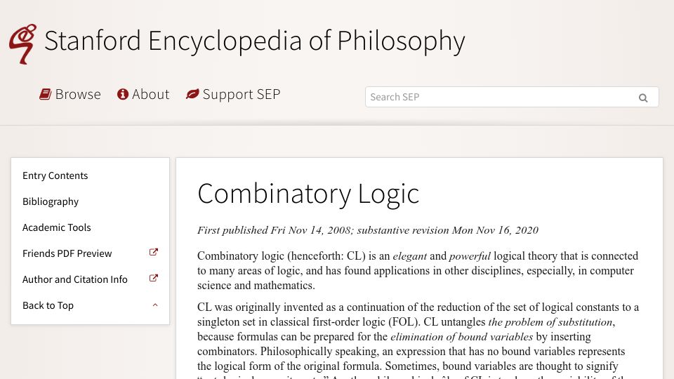 Screenshot of plato.stanford.edu: Combinatory Logic
