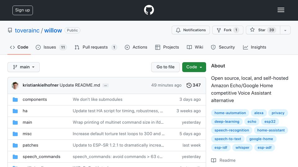 Screenshot of github.com: Show HN: Willow – Open-source privacy-focused voice assistant hardware