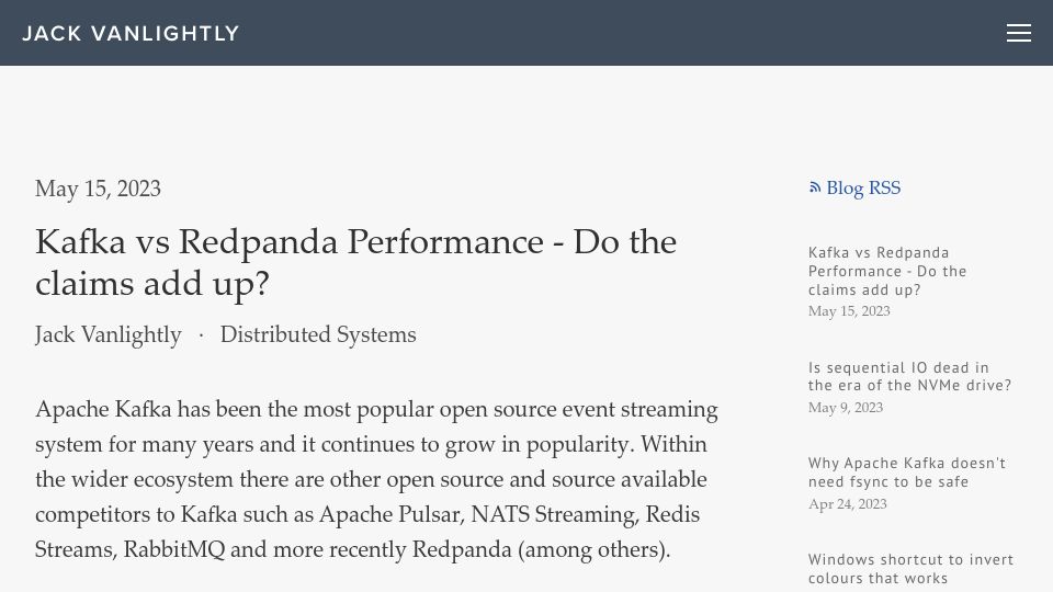Screenshot of jack-vanlightly.com: Kafka vs. Redpanda performance – do the claims add up?