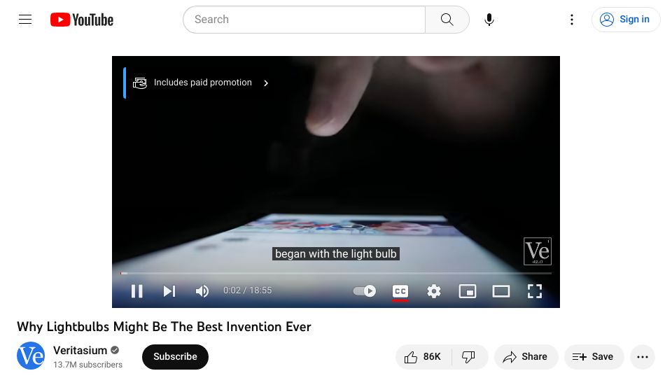 Screenshot of youtube.com: Veritasium: Light bulbs are linked to the invention of computer