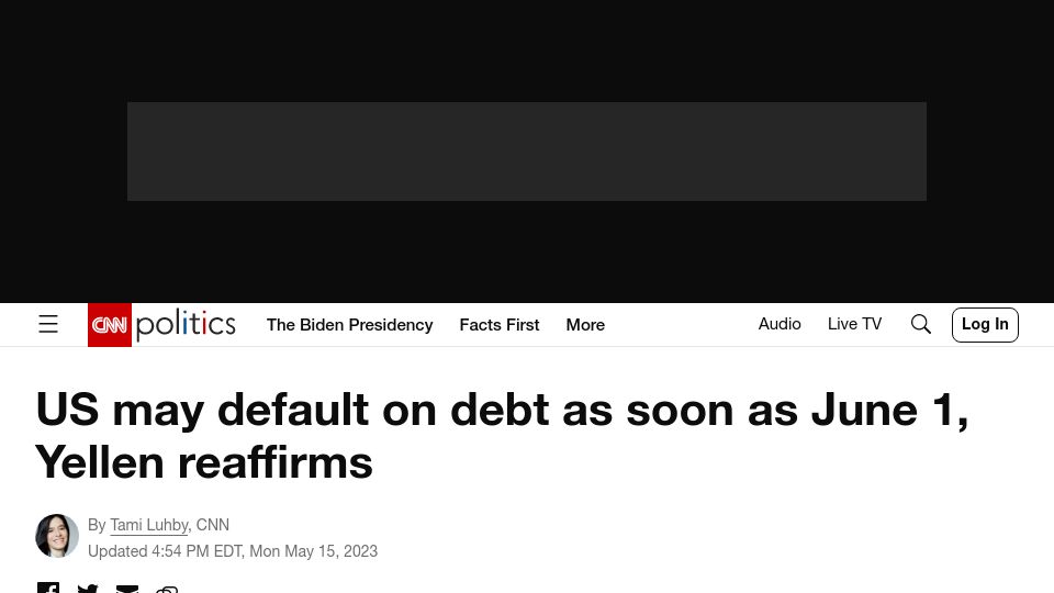 Screenshot of cnn.com: US may default on debt as soon as June 1, Yellen reaffirms