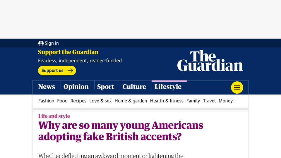 Screenshot of theguardian.com: Why are so many young Americans adopting fake British accents?