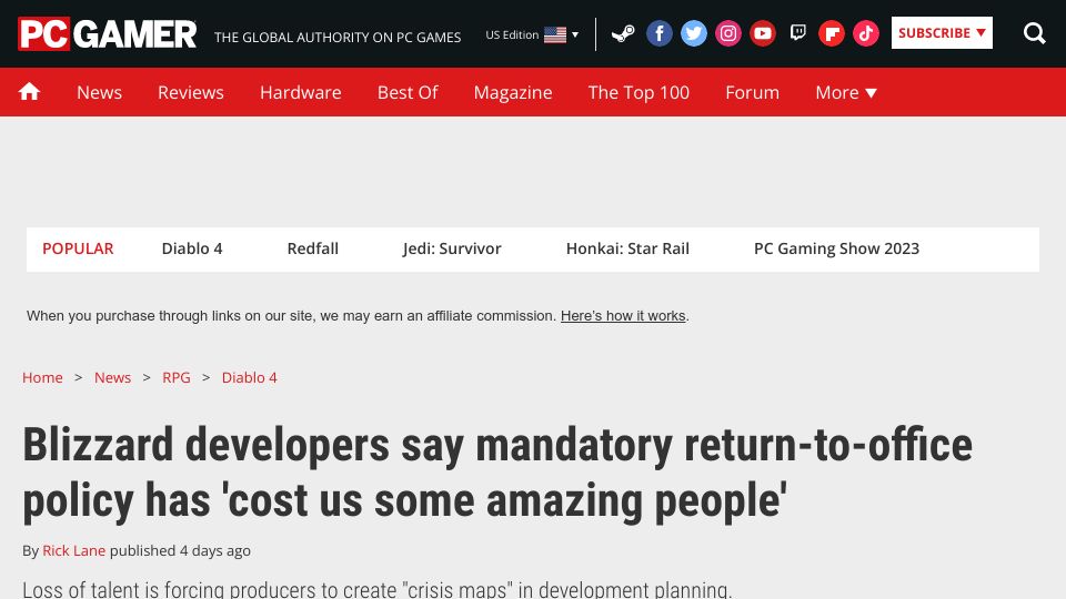Screenshot of pcgamer.com: Blizzard says mandatory return-to-office policy has 'cost some amazing people'