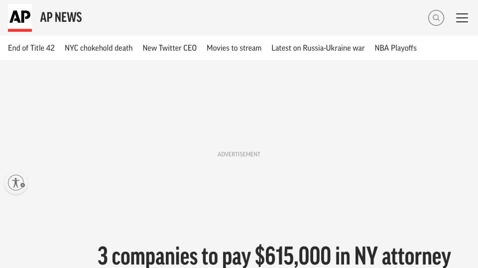 Screenshot of apnews.com: Companies to pay $615k in investigation over faked net neutrality comments