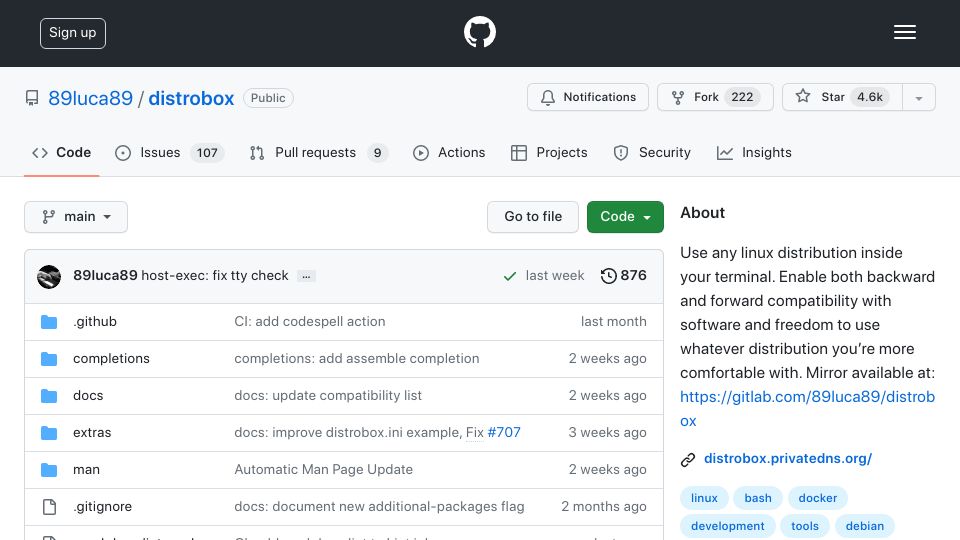 Screenshot of github.com: Distrobox: Use any Linux distribution inside your terminal
