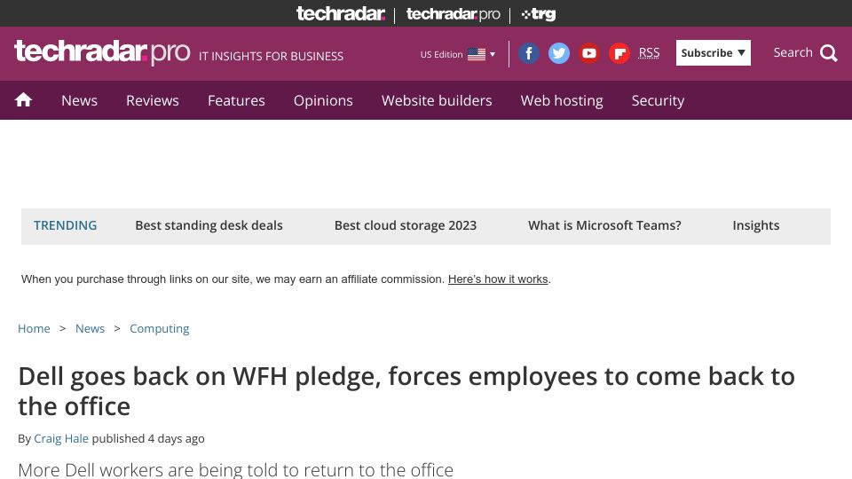 Screenshot of techradar.com: Dell goes back on WFH pledge, forces employees to come back to the office