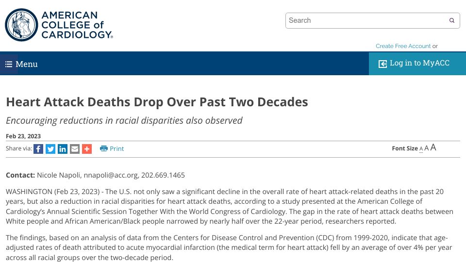 Screenshot of acc.org: Heart attack deaths drop over past two decades