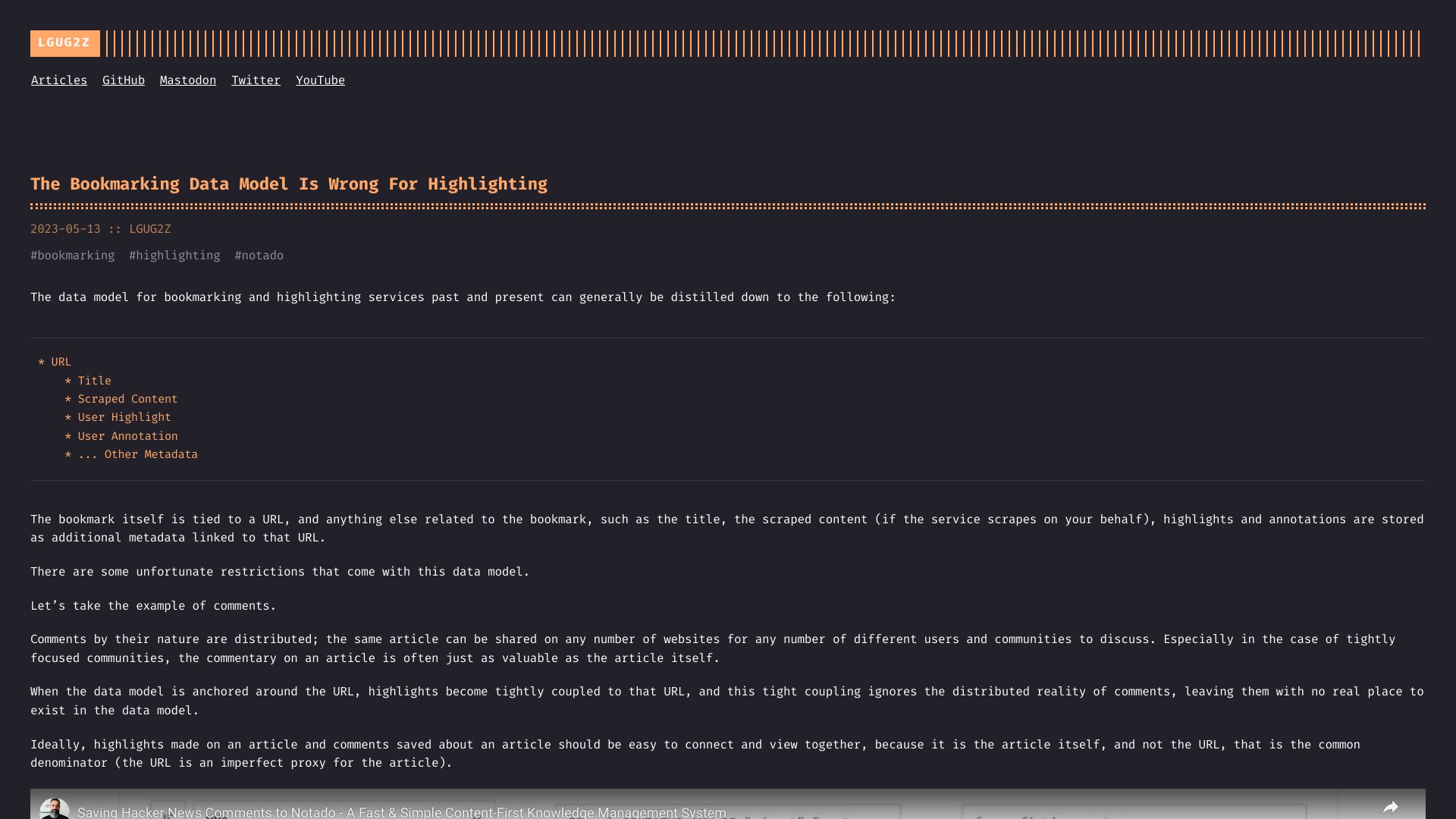 Screenshot of lgug2z.com: The Bookmarking Data Model Is Wrong for Highlighting