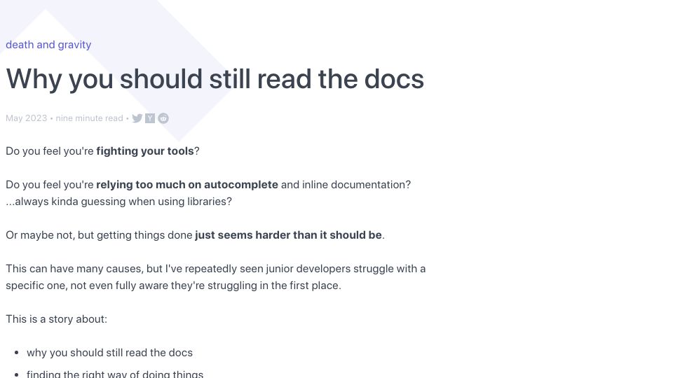 Screenshot of death.andgravity.com: Why you should still read the docs