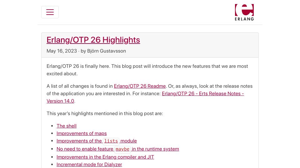 Screenshot of erlang.org: Erlang/OTP 26 Highlights