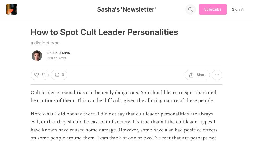 Screenshot of sashachapin.substack.com: How to spot cult leader personalities