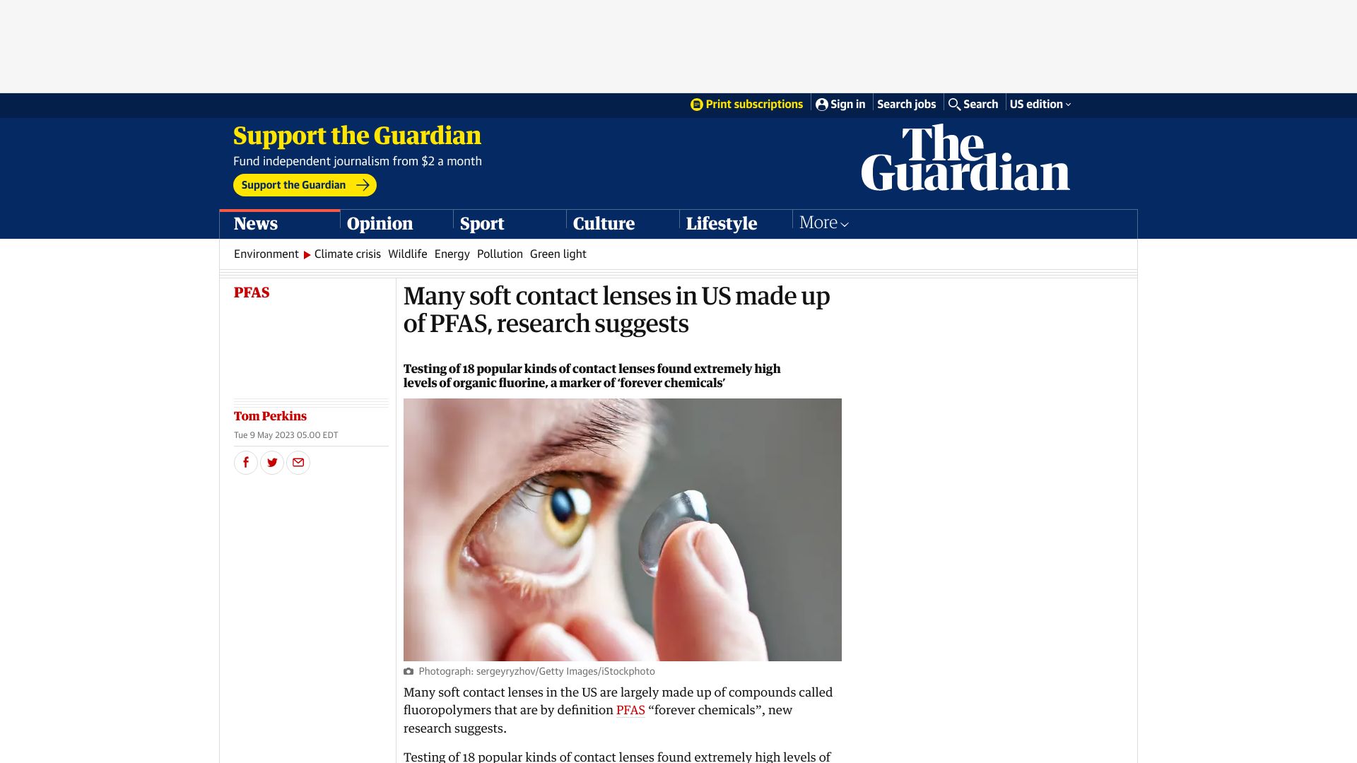 Screenshot of theguardian.com: Many soft contact lenses in US made up of PFAS, research suggests