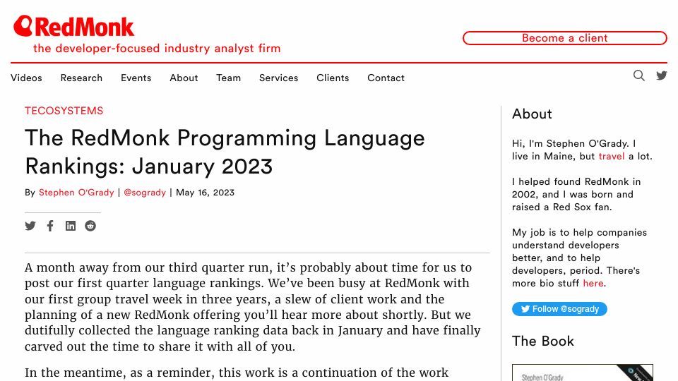 Screenshot of redmonk.com: The RedMonk Programming Language Rankings: January 2023